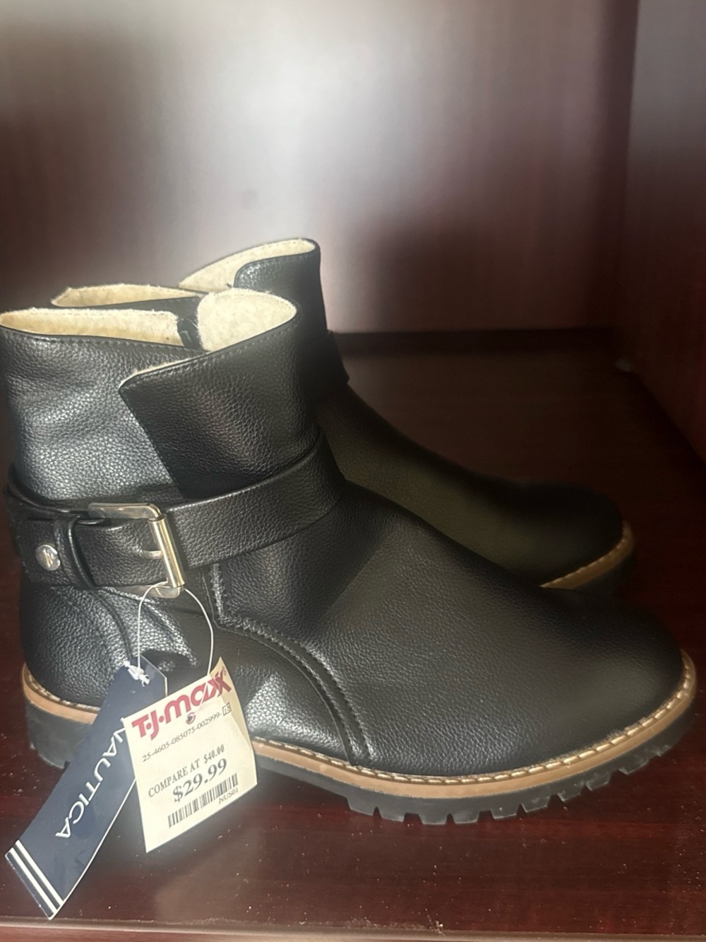 Nautica Men’s Black Leather Shearling-Lined Buckle Ankle Boots